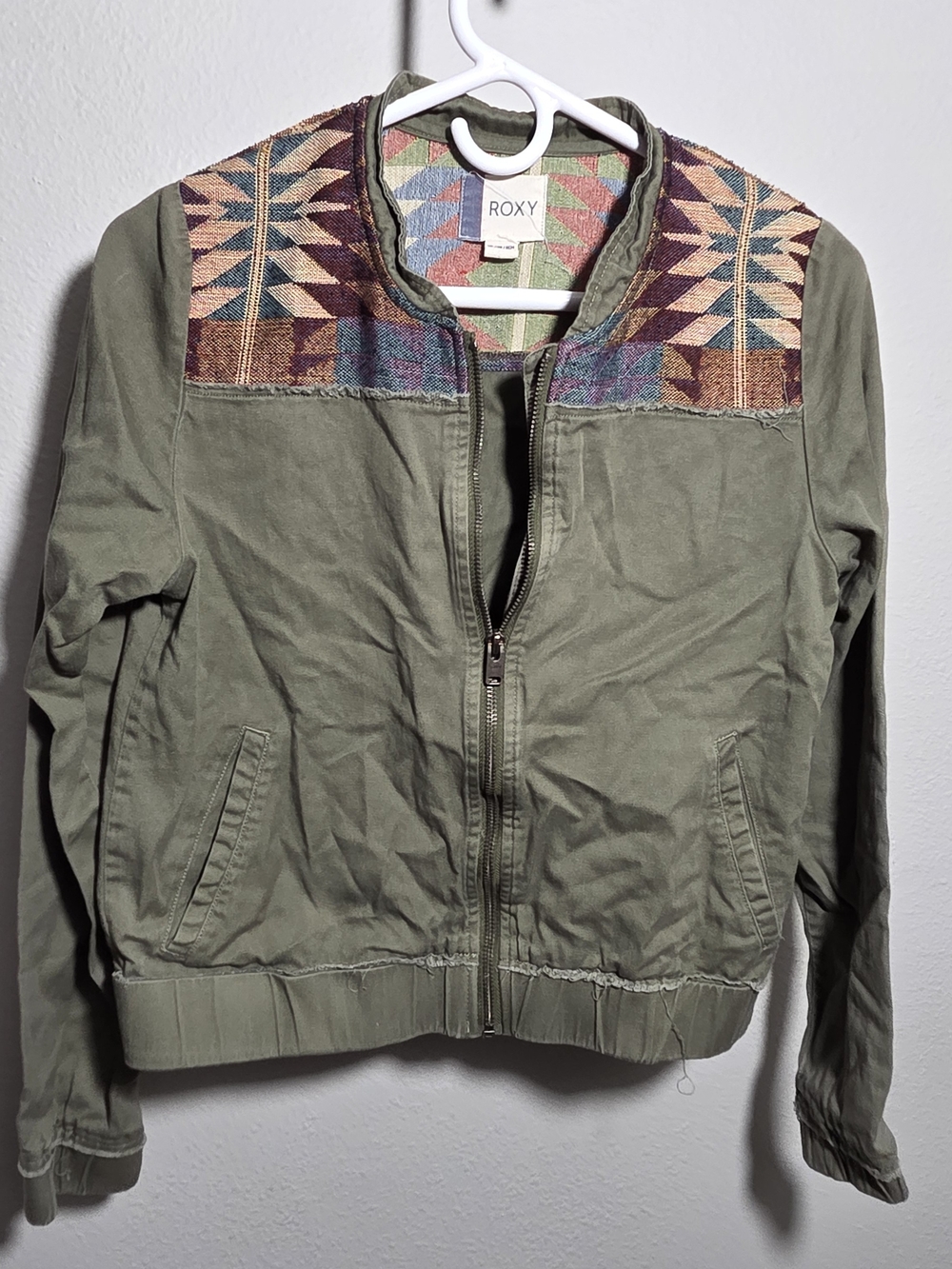 Roxy BRAY Olive Bomber Jacket with Multicolor Aztec Yoke XS